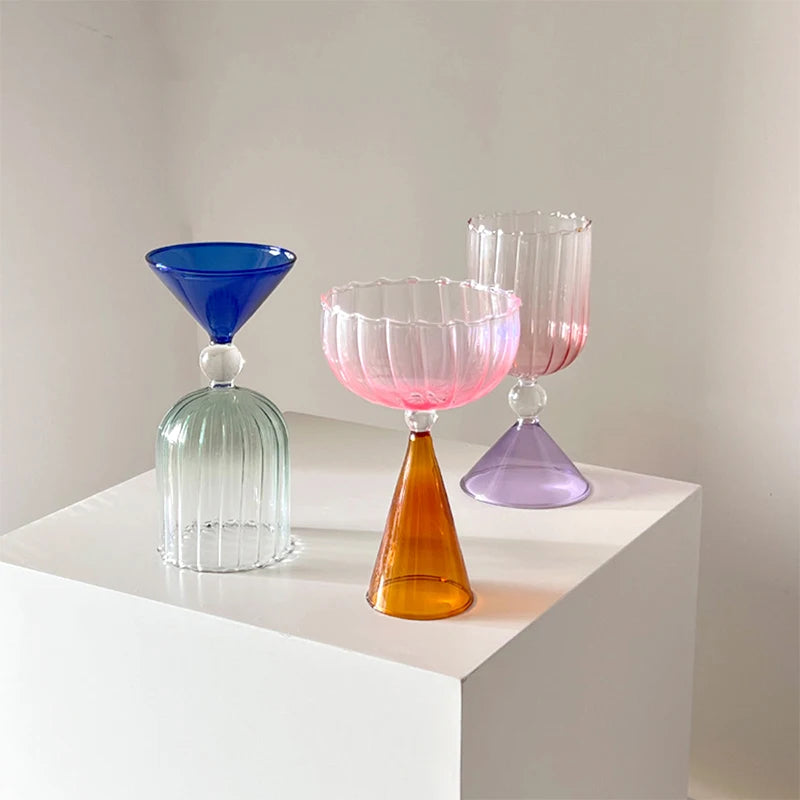 1PC Creative Geometry Glass Gradient Champagne Wine Cup Personality Ice Cream Dessert Pudding Drink Whisky Goblet Bowl