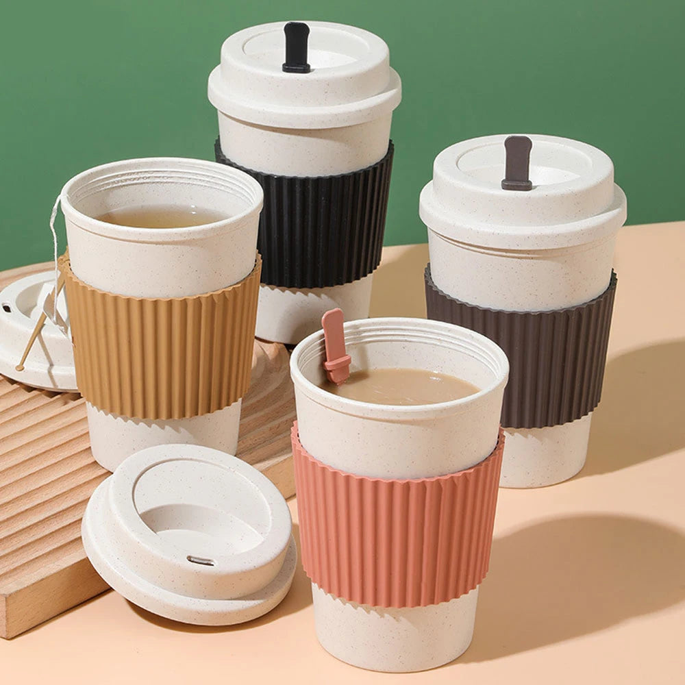 450Ml Koffiekopjes Met Deksels Tarwestro Herbruikbare Draagbare Koffiekop Vaatwasser Veilig Koffiemok Koffie Thee Reisbekers