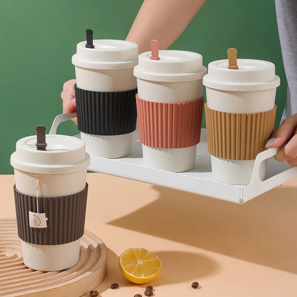 450Ml Koffiekopjes Met Deksels Tarwestro Herbruikbare Draagbare Koffiekop Vaatwasser Veilig Koffiemok Koffie Thee Reisbekers