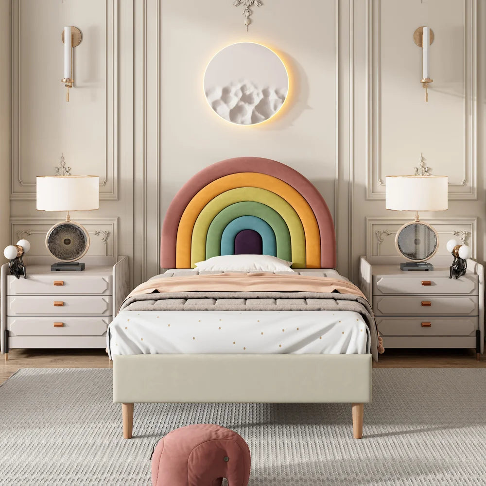 90*200 upholstered bed with slatted frame & adjustable headboard-Comfortable youth bed in velvet Beige