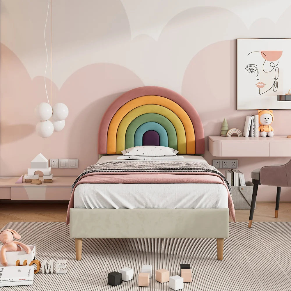 90*200 upholstered bed with slatted frame & adjustable headboard-Comfortable youth bed in velvet Beige
