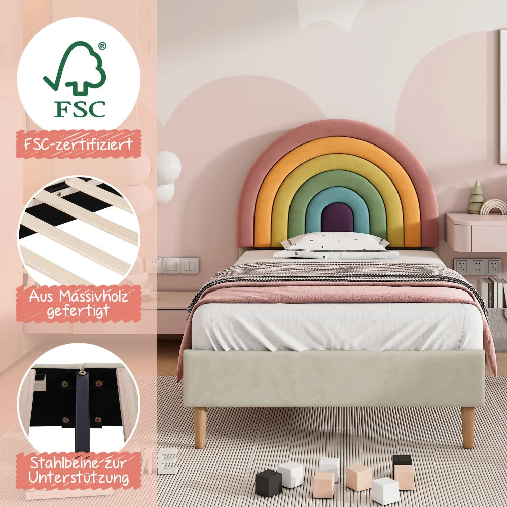 90*200 upholstered bed with slatted frame & adjustable headboard-Comfortable youth bed in velvet Beige