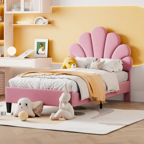 90 x 200 cm bed frame with flower-shaped headboard and slatted frame, teen girl bed in skin-friendly velvet fabric, guest bed (