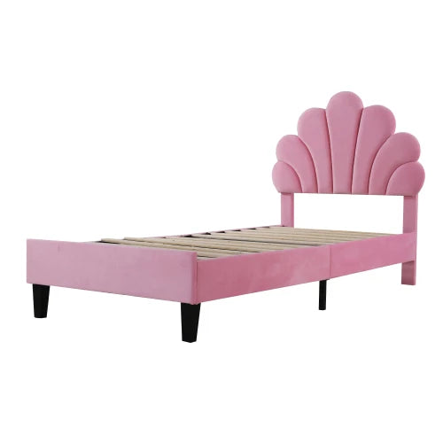 90 x 200 cm bed frame with flower-shaped headboard and slatted frame, teen girl bed in skin-friendly velvet fabric, guest bed (