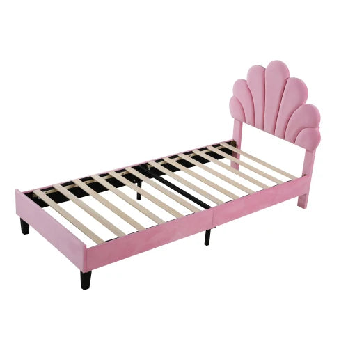 90 x 200 cm bed frame with flower-shaped headboard and slatted frame, teen girl bed in skin-friendly velvet fabric, guest bed (