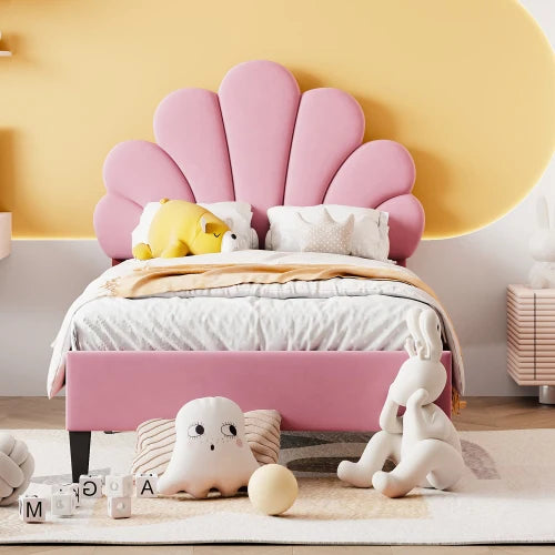90 x 200 cm bed frame with flower-shaped headboard and slatted frame, teen girl bed in skin-friendly velvet fabric, guest bed (