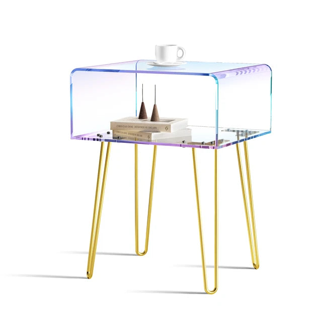 Acrylic End Table with Golden Metal Legs Rainbow Transparent Coffee Table Nightstand Bedside Table for Bedroom Living Room Cafe