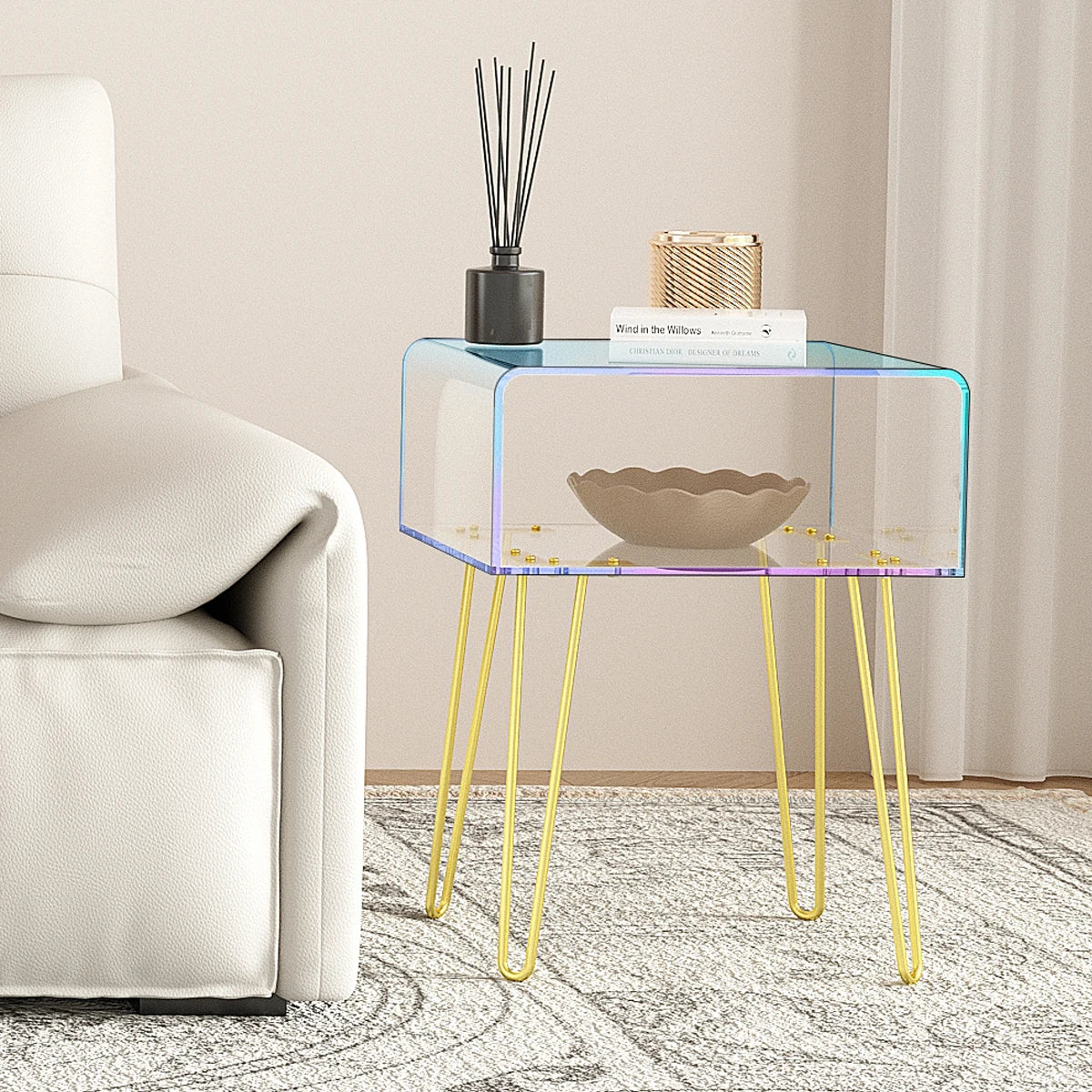 Acrylic End Table with Golden Metal Legs Rainbow Transparent Coffee Table Nightstand Bedside Table for Bedroom Living Room Cafe
