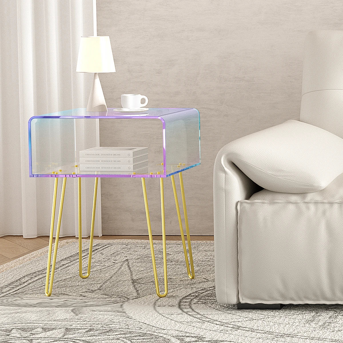 Acrylic End Table with Golden Metal Legs Rainbow Transparent Coffee Table Nightstand Bedside Table for Bedroom Living Room Cafe