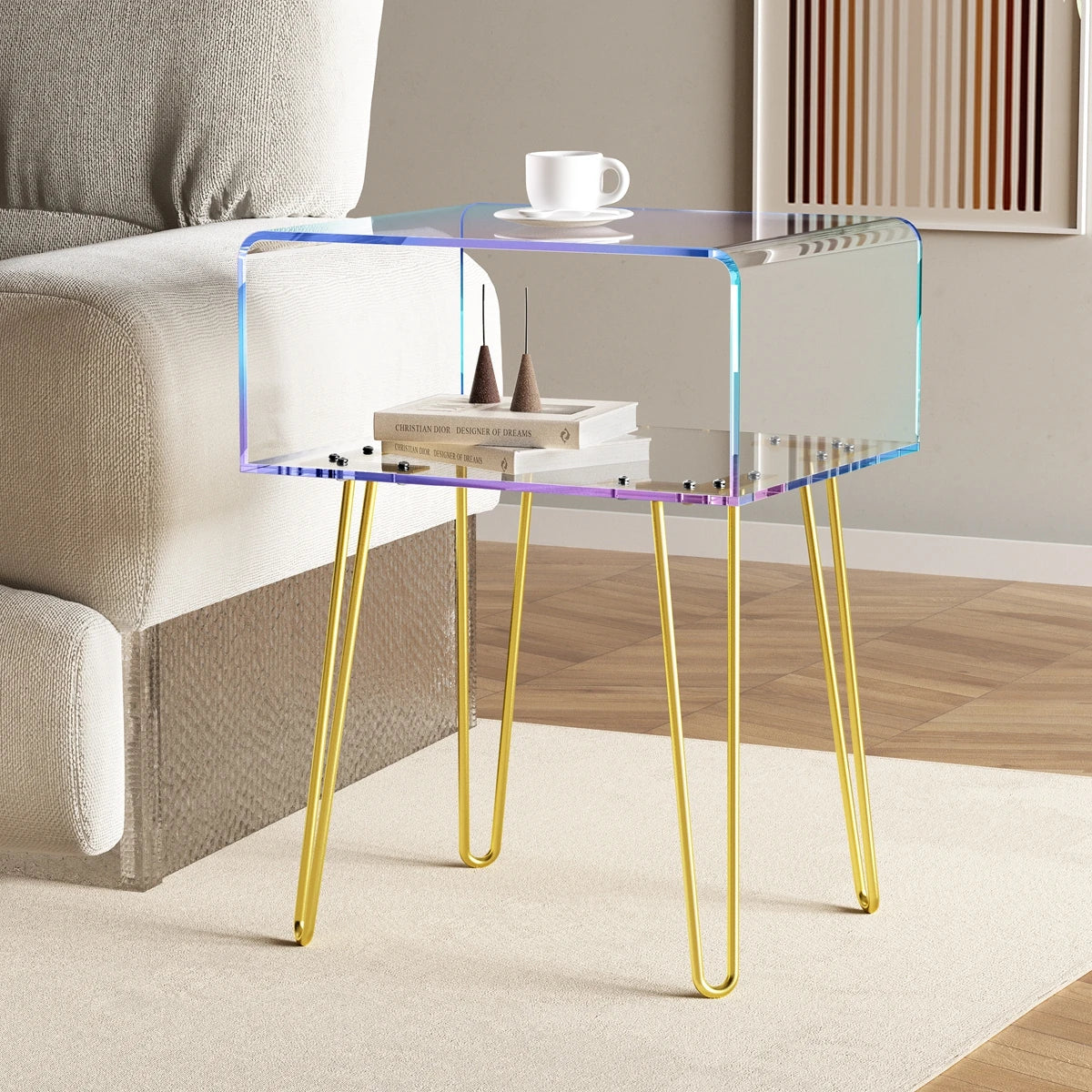 Acrylic End Table with Golden Metal Legs Rainbow Transparent Coffee Table Nightstand Bedside Table for Bedroom Living Room Cafe