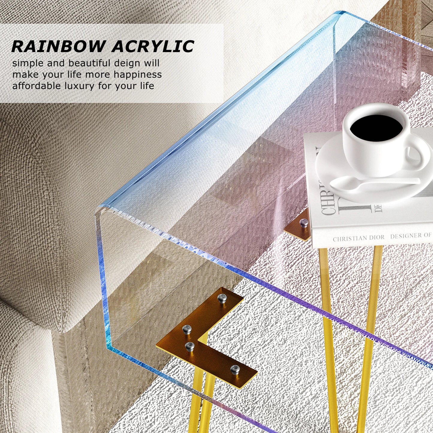 Acrylic End Table with Golden Metal Legs Rainbow Transparent Coffee Table Nightstand Bedside Table for Bedroom Living Room Cafe