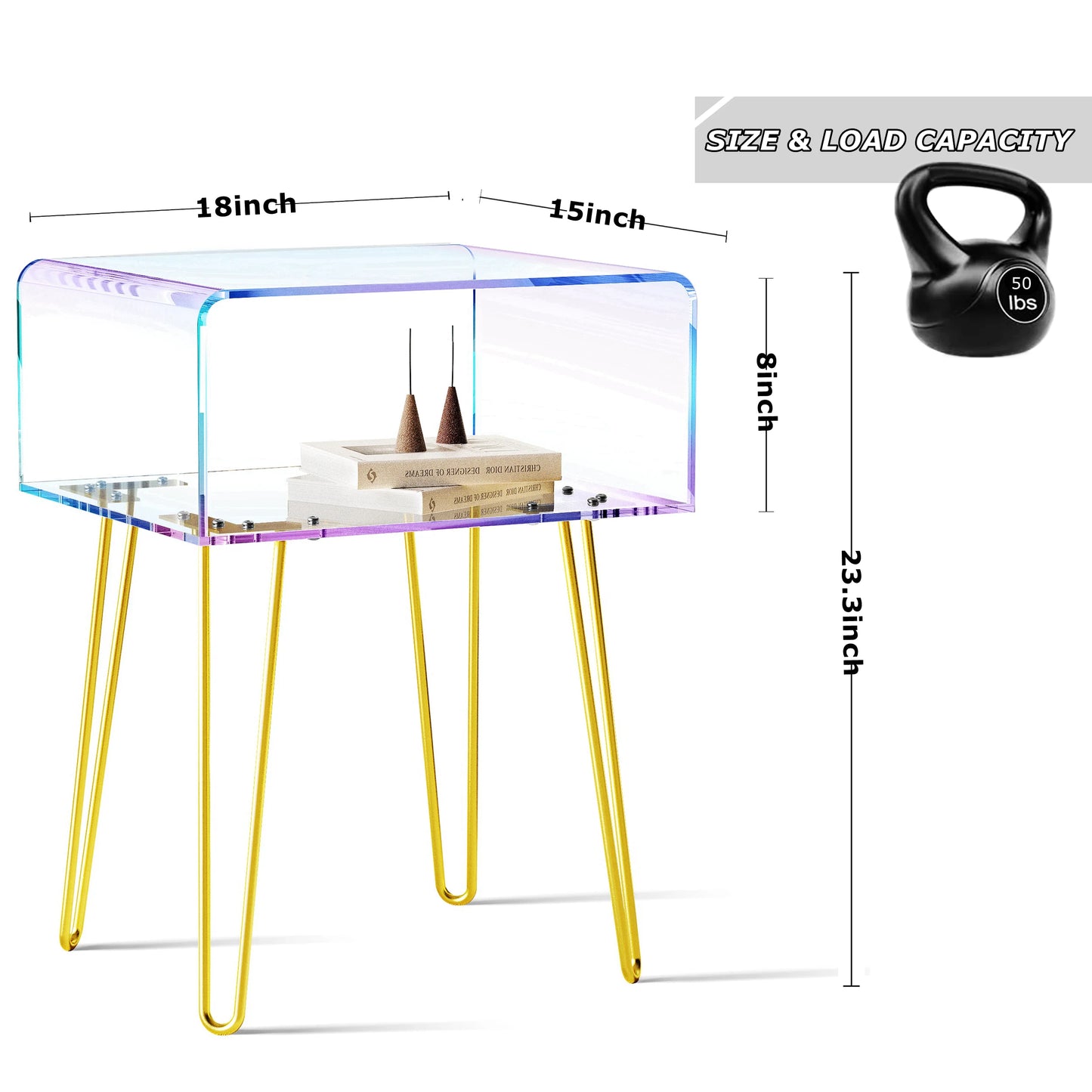 Acrylic End Table with Golden Metal Legs Rainbow Transparent Coffee Table Nightstand Bedside Table for Bedroom Living Room Cafe