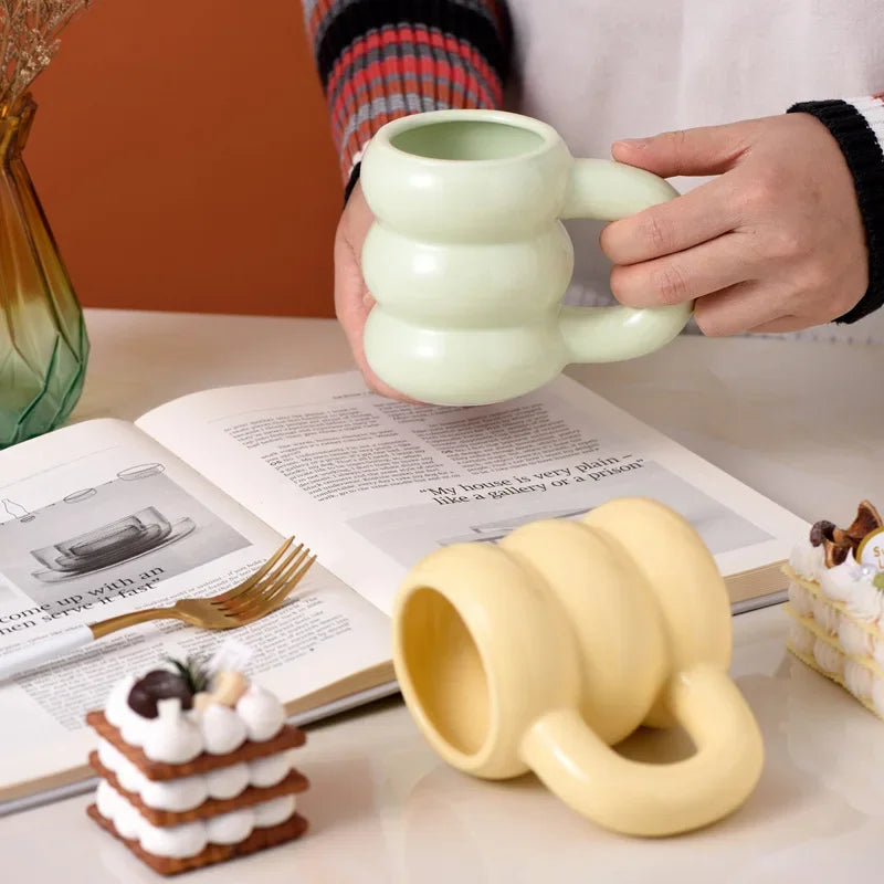Cute Ceramic Mugs Coffee Cups Korea Kawaii Designer Circle Bubble Coffee Cups for Breakfast Milk Juice Tea Handle Cup 350ml