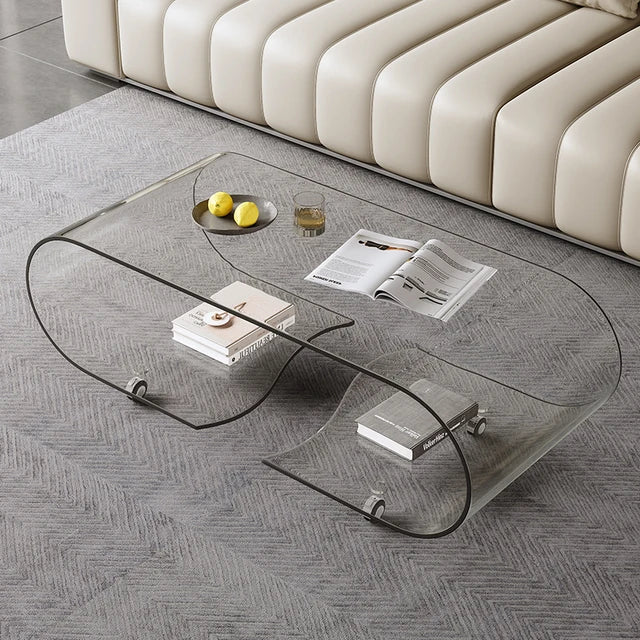 Glass Transparent Low Coffee Table Mobile Wheel Sofa Tray Unique Side Table Kitchen Bedroom Stolik Kawowy Living Room Furniture