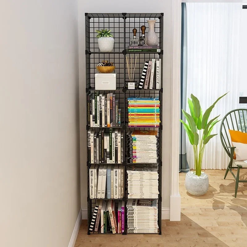 High Quality Bookshelf Grids Wire Display Storage Cabinet Stand Metal Cube Living Room Bookcase Steel Etagere Modular Furniture