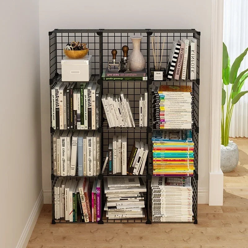 High Quality Bookshelf Grids Wire Display Storage Cabinet Stand Metal Cube Living Room Bookcase Steel Etagere Modular Furniture