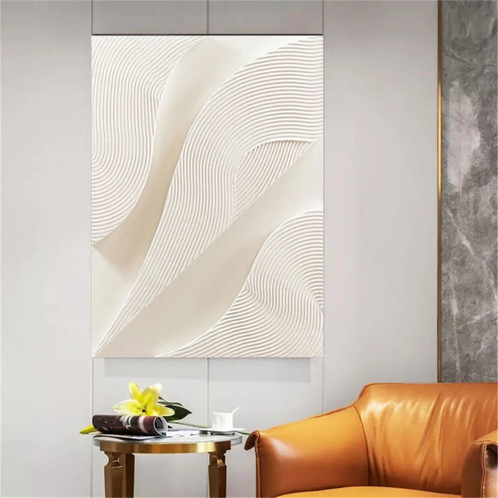 Hot Sale Large Size Handmade Pure White Line Texture Canvas Abstract Oil Painting Modern Fashion Home Decoration Frameless Offic