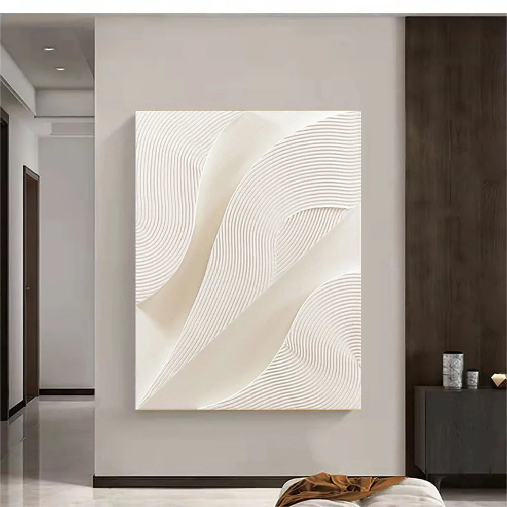 Hot Sale Large Size Handmade Pure White Line Texture Canvas Abstract Oil Painting Modern Fashion Home Decoration Frameless Offic