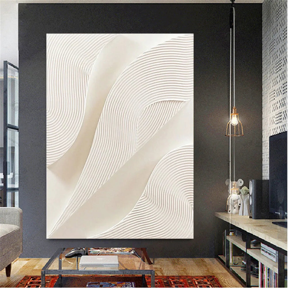 Hot Sale Large Size Handmade Pure White Line Texture Canvas Abstract Oil Painting Modern Fashion Home Decoration Frameless Offic