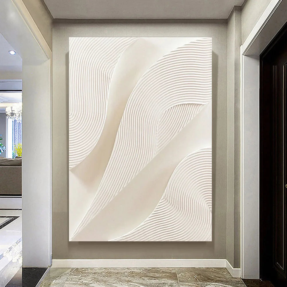 Hot Sale Large Size Handmade Pure White Line Texture Canvas Abstract Oil Painting Modern Fashion Home Decoration Frameless Offic