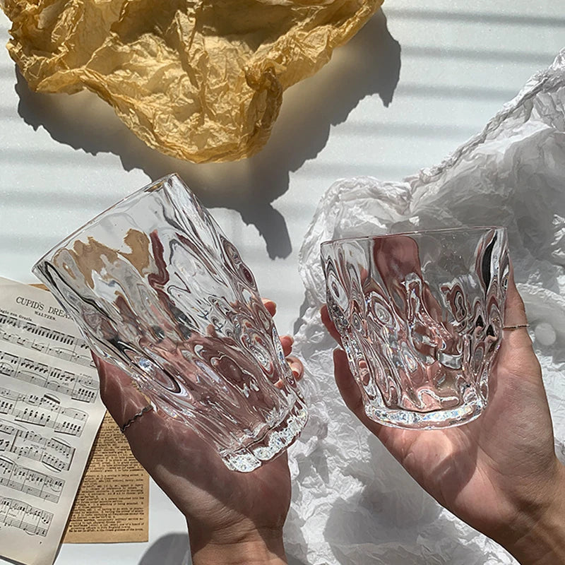 Ins Style Textured Glass Twist Cup Thickened Irregular Water Cup Juice Breakfast Cup Embossed Milk Cup Drinking Utensil Cute