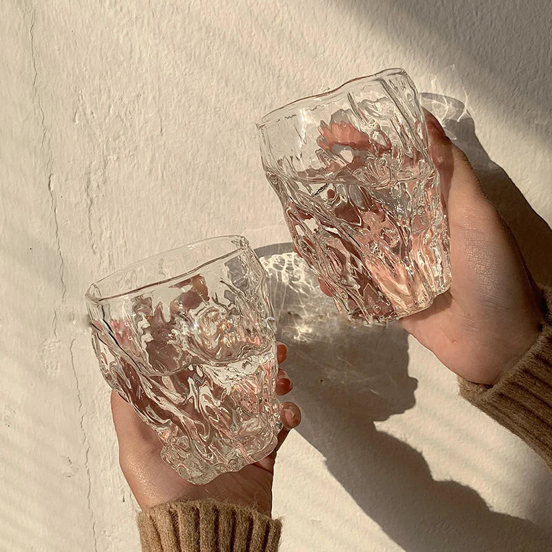 Ins Style Textured Glass Twist Cup Thickened Irregular Water Cup Juice Breakfast Cup Embossed Milk Cup Drinking Utensil Cute