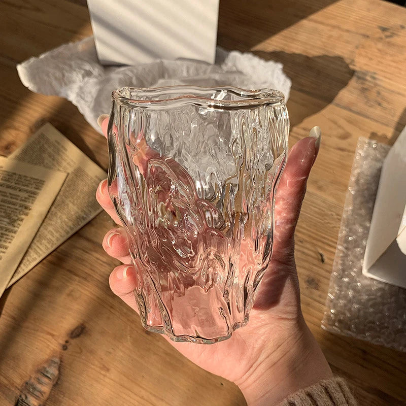 Ins Style Textured Glass Twist Cup Thickened Irregular Water Cup Juice Breakfast Cup Embossed Milk Cup Drinking Utensil Cute