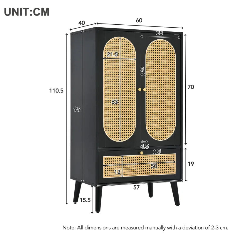 Rattan Sideboard (1.1m), Rattan Design, Black, 2 Doors, 1 Drawer, Highboard, Dining Cabinet, Bookshelf