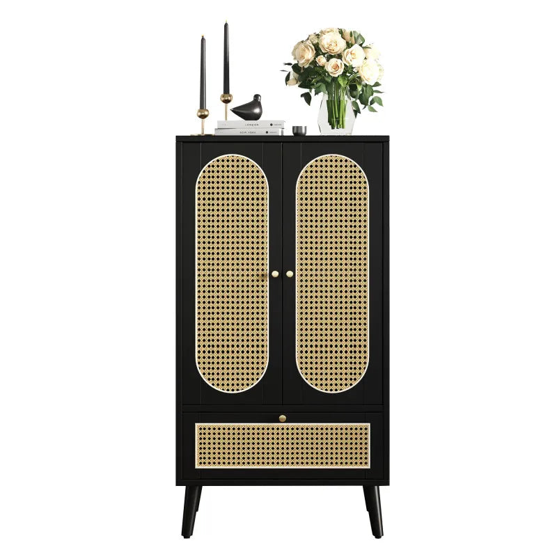 Rattan Sideboard (1.1m), Rattan Design, Black, 2 Doors, 1 Drawer, Highboard, Dining Cabinet, Bookshelf
