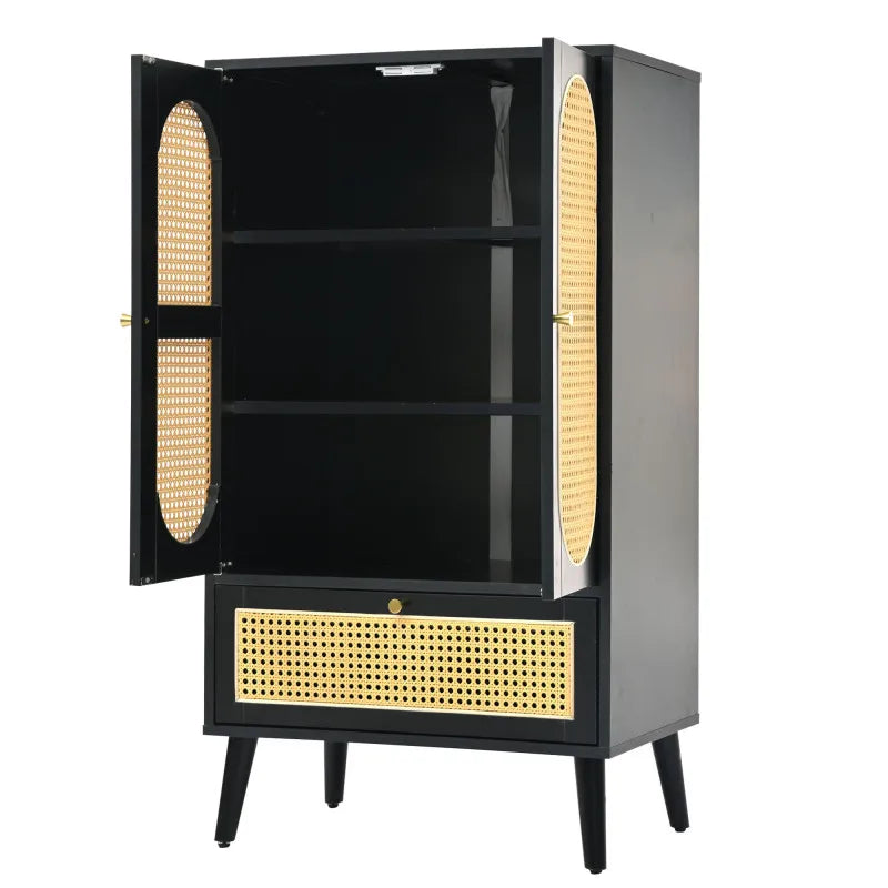 Rattan Sideboard (1.1m), Rattan Design, Black, 2 Doors, 1 Drawer, Highboard, Dining Cabinet, Bookshelf