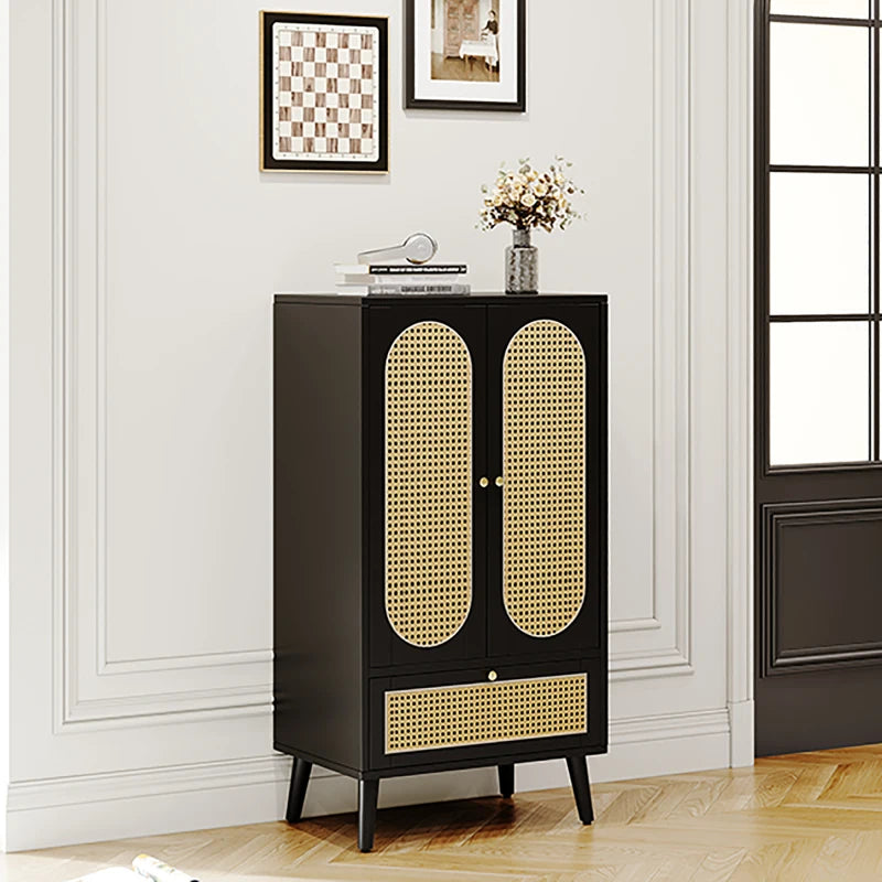 Rattan Sideboard (1.1m), Rattan Design, Black, 2 Doors, 1 Drawer, Highboard, Dining Cabinet, Bookshelf