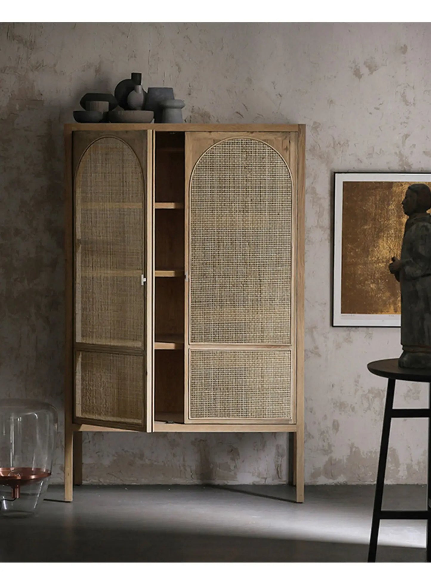 Retro Massief Hout Rotan Garderobe kast