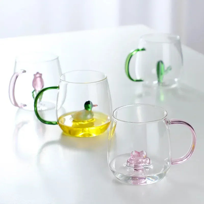 Fatube Creatieve Hoge Borosilicaat Glazen Beker Driedimensionale Dier/Plant Vorm Enkele Laag Koffie Melk Schattige Transparante Beker