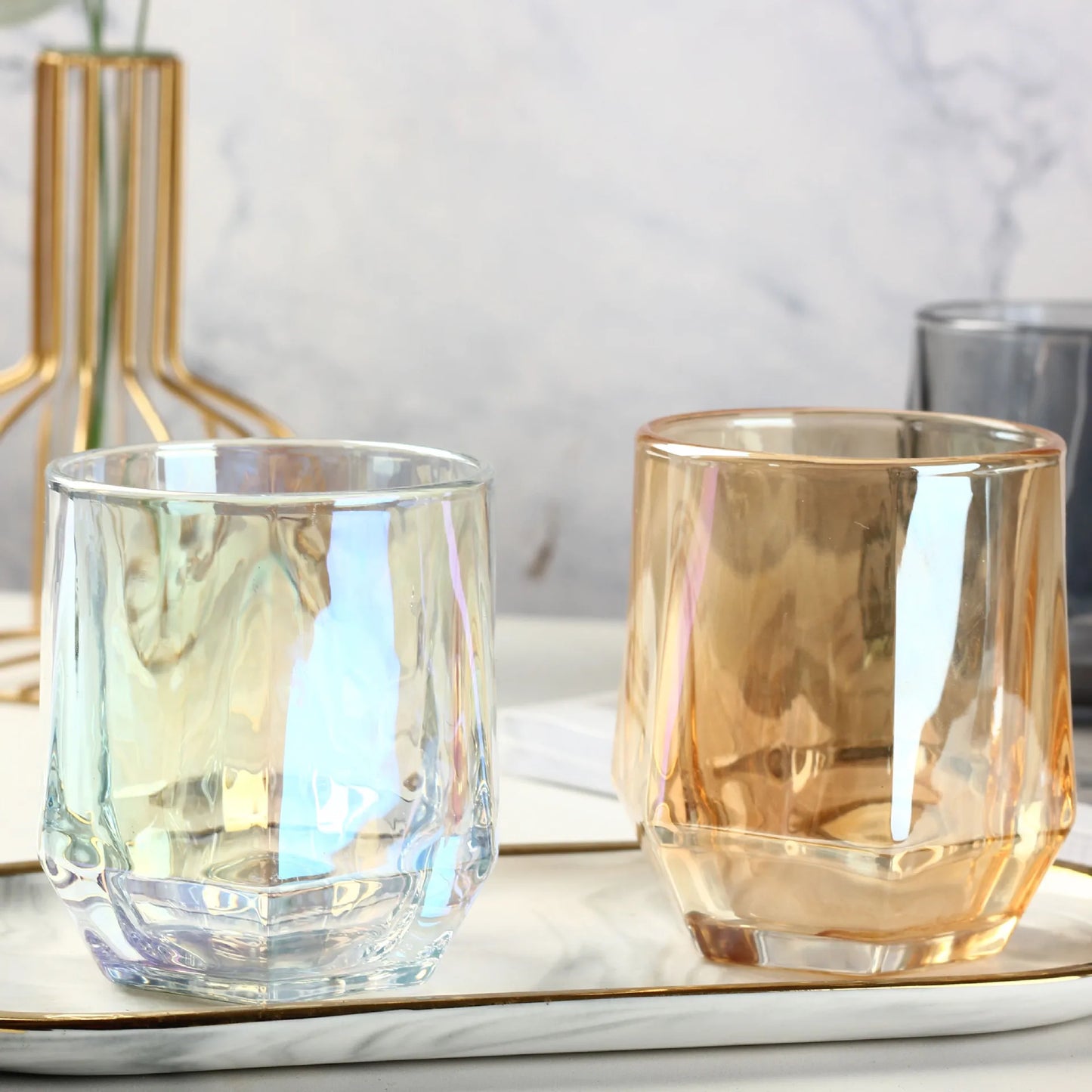 Kleurrijke Zes-Edge Transparant Glas Huishoudelijk Bier Sap Theekop Woonkamer Drinkbeker Casual Kleurrijke Glazen Cuo