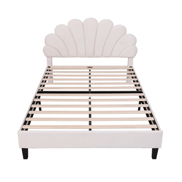 Upholstered bed double bed , bed frame with flower-shaped headboard and slatted frame, adult bed in skin-friendly velvet fabric
