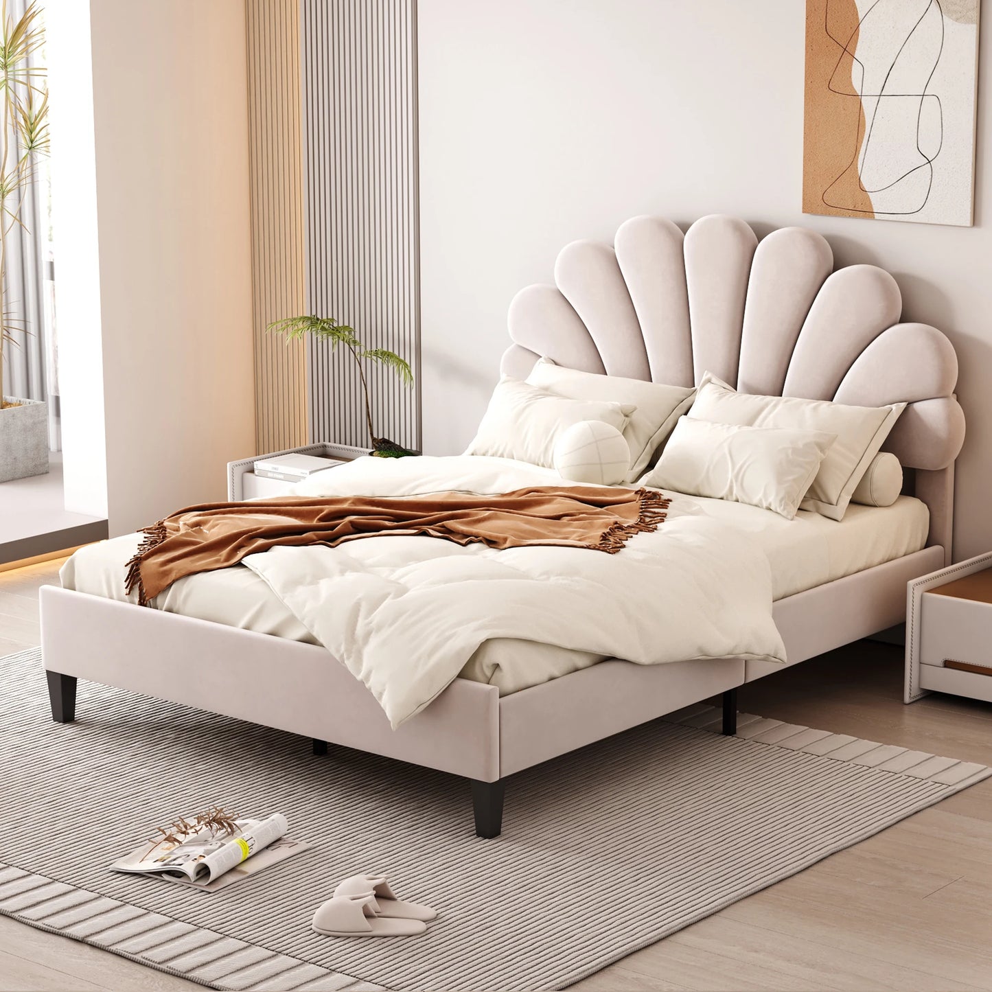 Upholstered bed double bed , bed frame with flower-shaped headboard and slatted frame, adult bed in skin-friendly velvet fabric