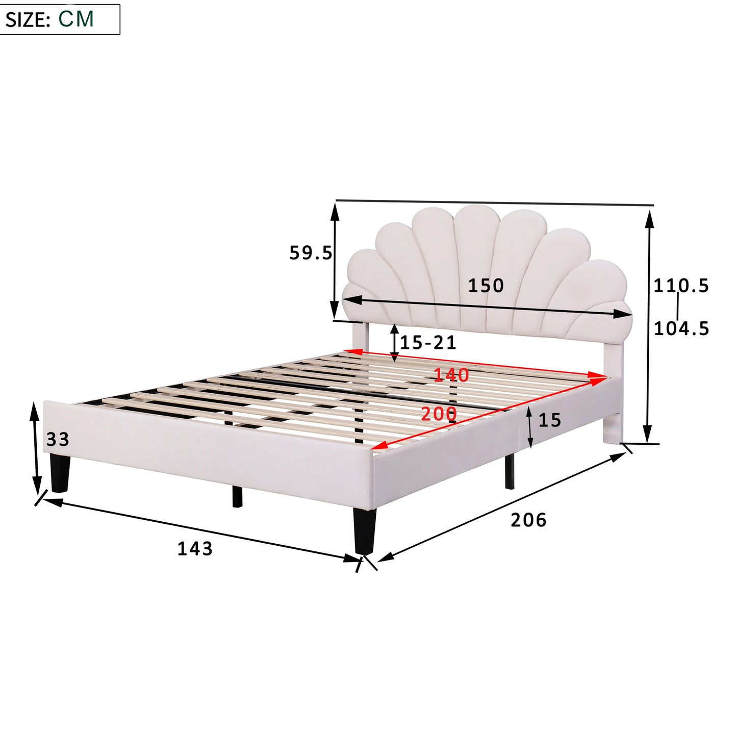 Upholstered bed double bed , bed frame with flower-shaped headboard and slatted frame, adult bed in skin-friendly velvet fabric