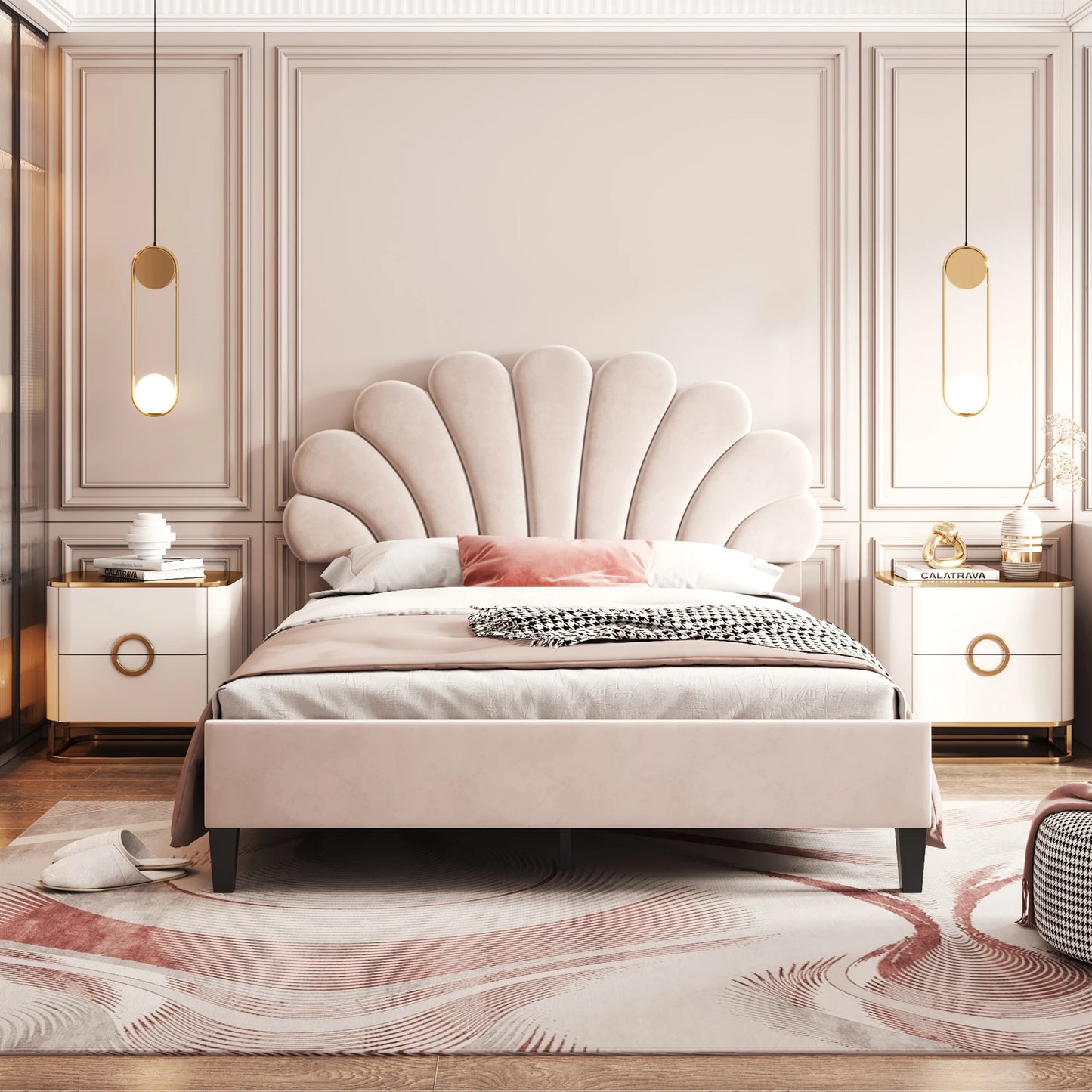 Upholstered bed double bed , bed frame with flower-shaped headboard and slatted frame, adult bed in skin-friendly velvet fabric