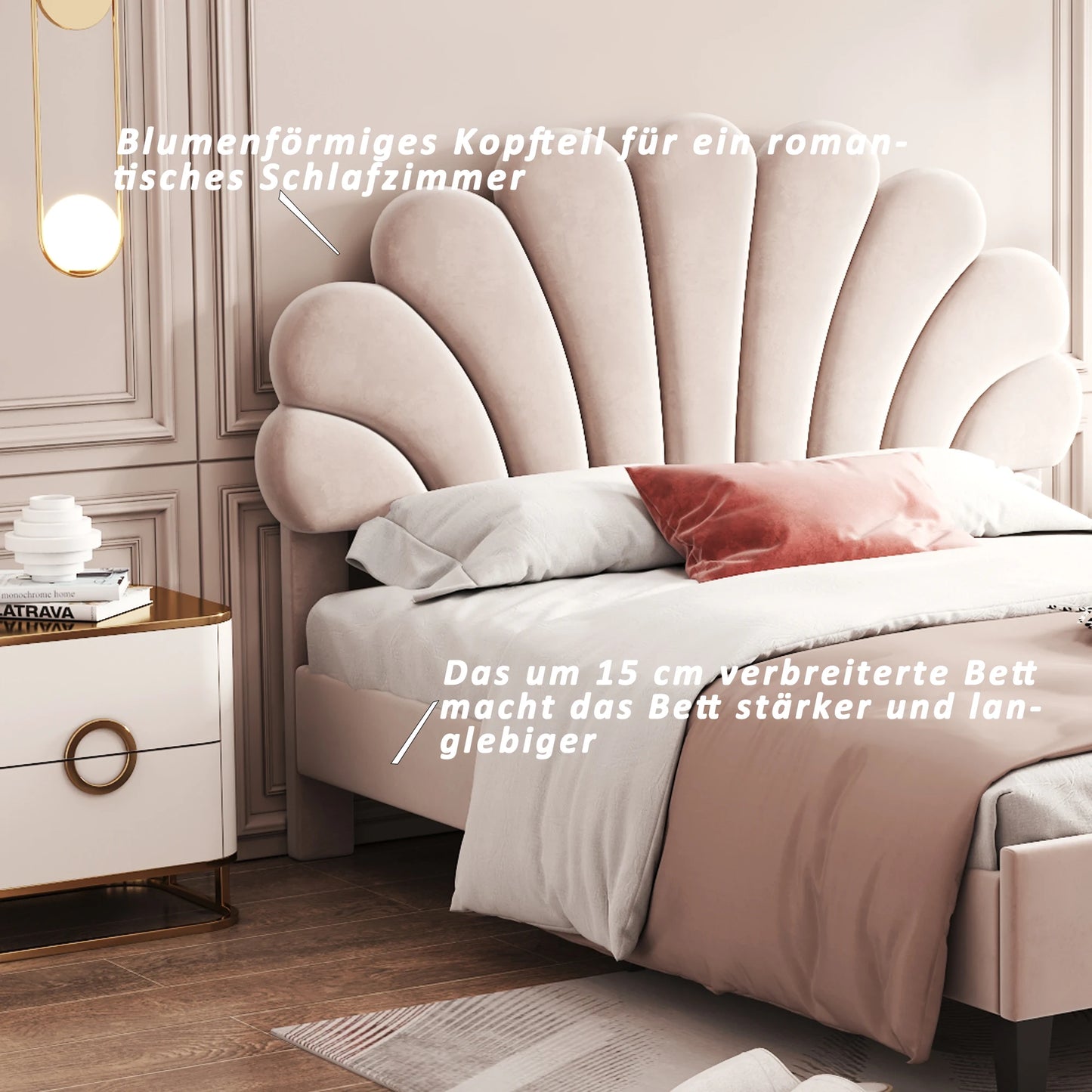 Upholstered bed double bed , bed frame with flower-shaped headboard and slatted frame, adult bed in skin-friendly velvet fabric