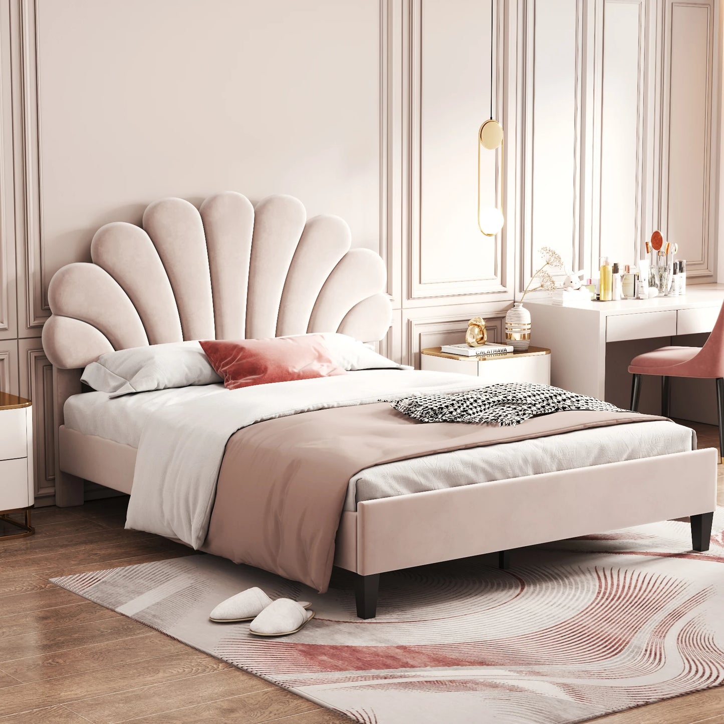 Upholstered bed double bed , bed frame with flower-shaped headboard and slatted frame, adult bed in skin-friendly velvet fabric