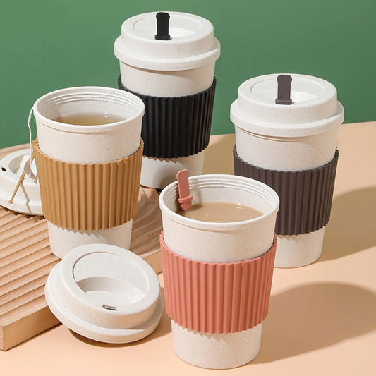 450Ml Koffiekopjes Met Deksels Tarwestro Herbruikbare Draagbare Koffiekop Vaatwasser Veilig Koffiemok Koffie Thee Reisbekers