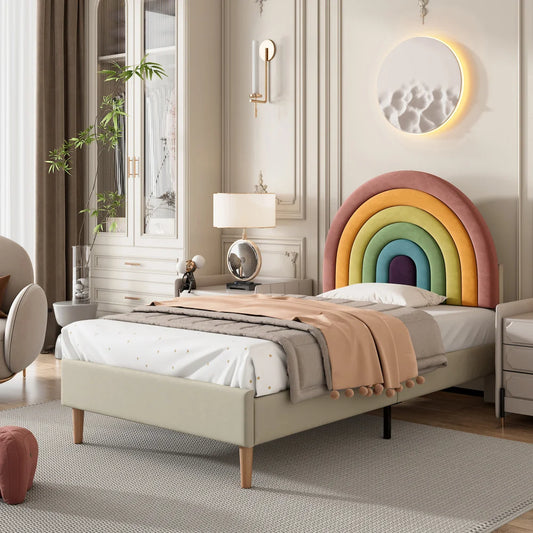 90*200 upholstered bed with slatted frame & adjustable headboard-Comfortable youth bed in velvet Beige