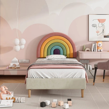 90*200 upholstered bed with slatted frame & adjustable headboard-Comfortable youth bed in velvet Beige