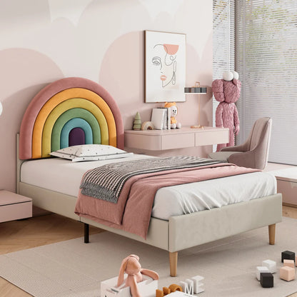 90*200 upholstered bed with slatted frame & adjustable headboard-Comfortable youth bed in velvet Beige