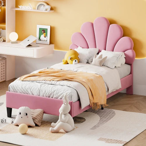 90 x 200 cm bed frame with flower-shaped headboard and slatted frame, teen girl bed in skin-friendly velvet fabric, guest bed (