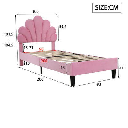 90 x 200 cm bed frame with flower-shaped headboard and slatted frame, teen girl bed in skin-friendly velvet fabric, guest bed (