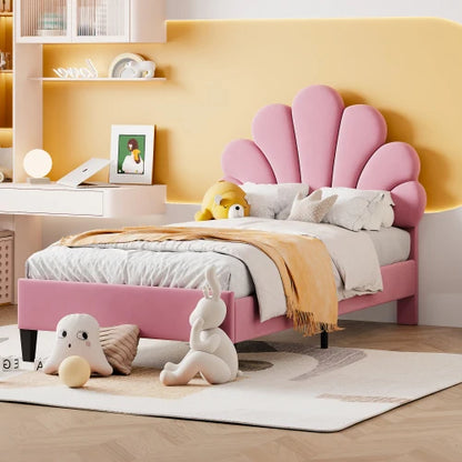 90 x 200 cm bed frame with flower-shaped headboard and slatted frame, teen girl bed in skin-friendly velvet fabric, guest bed (