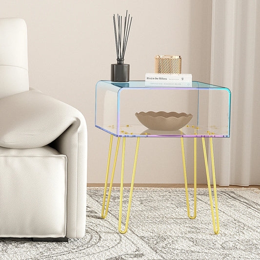 Acrylic End Table with Golden Metal Legs Rainbow Transparent Coffee Table Nightstand Bedside Table for Bedroom Living Room Cafe