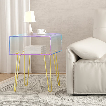 Acrylic End Table with Golden Metal Legs Rainbow Transparent Coffee Table Nightstand Bedside Table for Bedroom Living Room Cafe