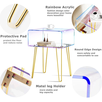 Acrylic End Table with Golden Metal Legs Rainbow Transparent Coffee Table Nightstand Bedside Table for Bedroom Living Room Cafe